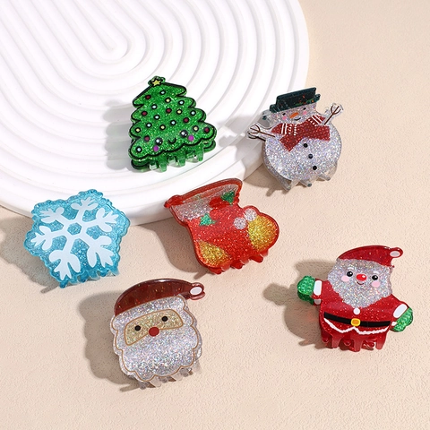 Mini Pince À Cheveux De Noël Pailletée Acrylique Dessin Animé Père Noël Sapin De Noël Bonhomme De Neige Flocon Accessoires Cheveux Femme Fête