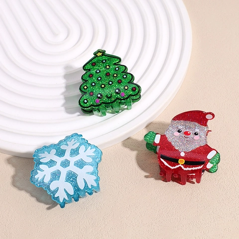 Mini Pince À Cheveux De Noël Pailletée Acrylique Dessin Animé Père Noël Sapin De Noël Bonhomme De Neige Flocon Accessoires Cheveux Femme Fête