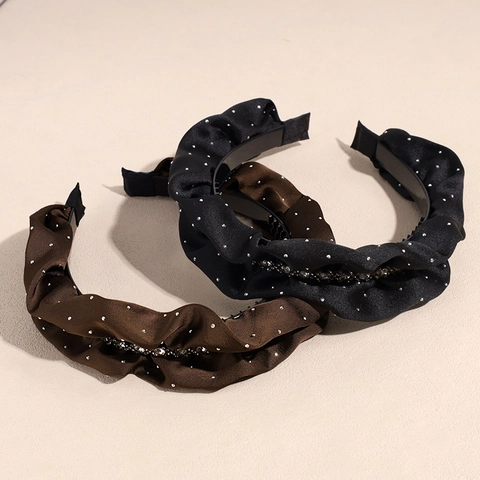 Elegant Pleated Wide Fabric Headband For Women With Rhinestones Satin Texture Simple Fashion Hair Accessories Solid Color Hair Hoop