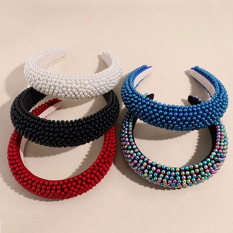 Elegant Full Artificial Pearl Padded Headband For Women Vintage Sponge High Top Hair Band Fashion Solid Color Hair Hoop Party Wedding Hair Accessories