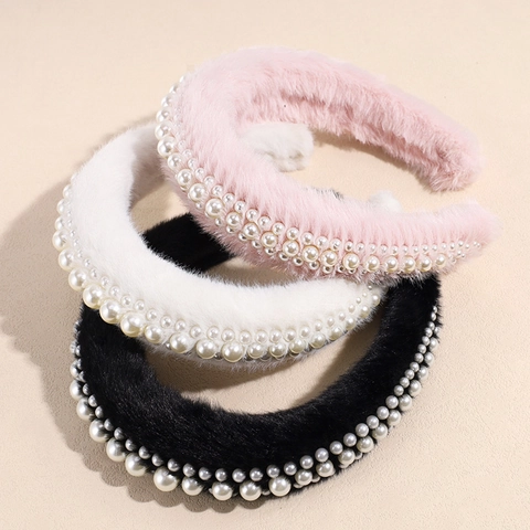 Cerchietto in Peluche con Perle Artificiali Largo in Finta Pelliccia Imbottito Retrò Elegante Invernale per Donna Accessori Capelli