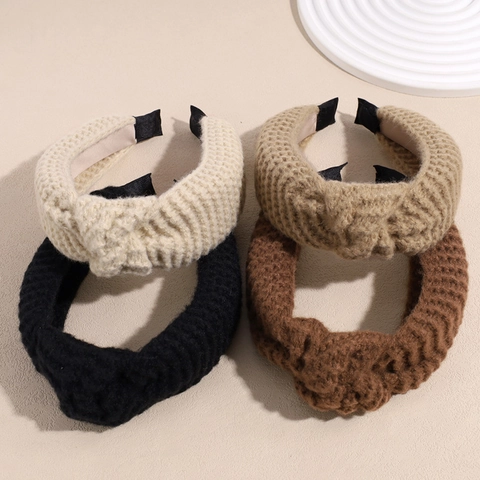 Women Autumn Winter Knitted Wool Wide Headband Solid Color Twist Knot High Skull Top Face Washing Hair Hoop Hair Accessories