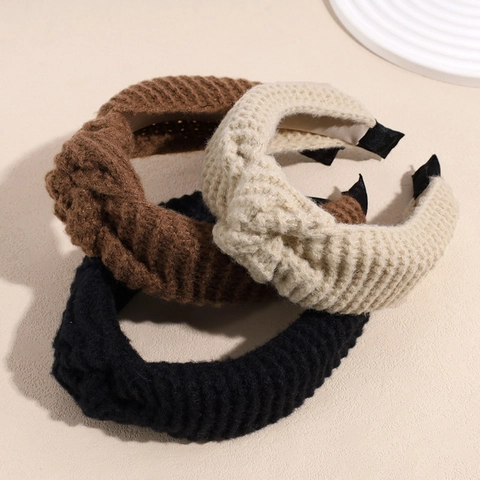 Women Autumn Winter Knitted Wool Wide Headband Solid Color Twist Knot High Skull Top Face Washing Hair Hoop Hair Accessories