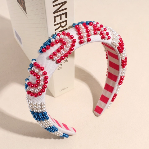 Cerchietto Imbottito Ispessito Patriottico USA con Perline Rosso Bianco Blu Perla Artificiale Fascia per Capelli Donna