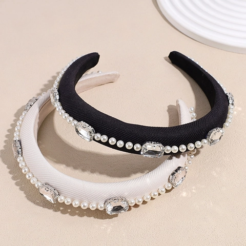 French Baroque Padded Headband Wide Sponge Hairband With Artificial Pearl Rhinestone Retro Luxurious Women Hair Accessories Party Decoration