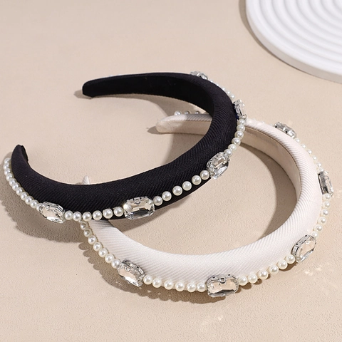French Baroque Padded Headband Wide Sponge Hairband With Artificial Pearl Rhinestone Retro Luxurious Women Hair Accessories Party Decoration