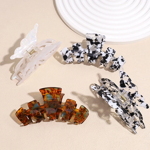 Elegantes Pinzas para el Cabello de Mariposa Grandes de Estilo Francés Pinzas de Tiburón Geométricas de Mármol Carey Accesorios para Mujer