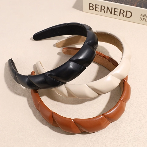 Women Retro Padded Braided PU Leather Headband Wide Twisted Hair Hoop For Girls Fashion Solid Color Hair Accessories