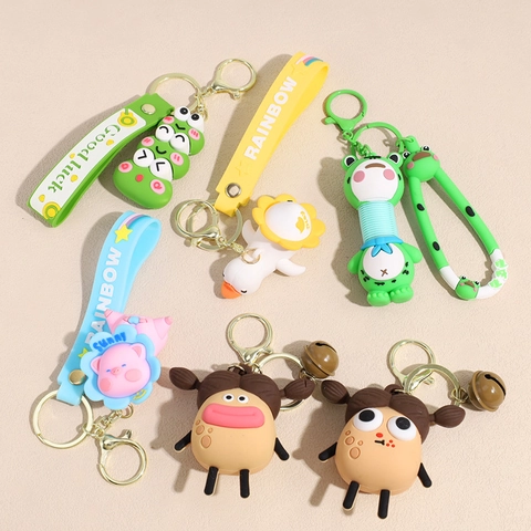 Cute Cartoon Animal Keychain For Women Bag Charm Creative Plastic Pig Frog Pendant With Bell Letter Strap Gift Accessories