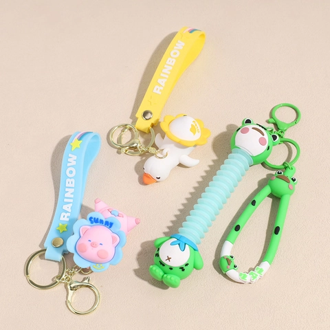 Cute Cartoon Animal Keychain For Women Bag Charm Creative Plastic Pig Frog Pendant With Bell Letter Strap Gift Accessories