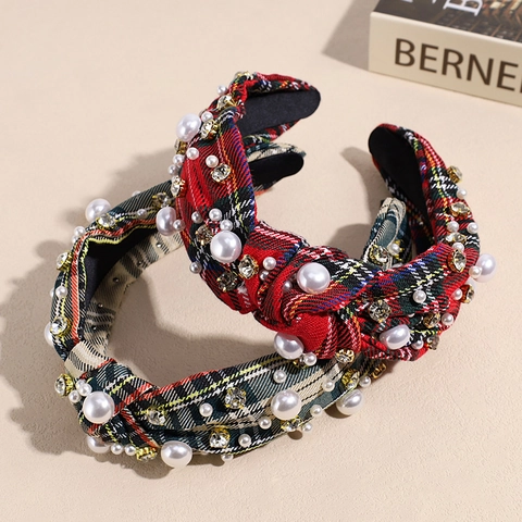 Cerchietto Annodato Plaid di Natale per Donna Con Künstliche Perle Sintetiche Strass Fascia per Capelli Larga Imbottita Vintage