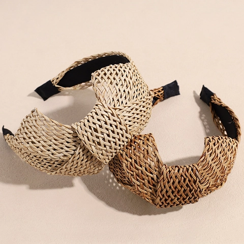 Böhmisch Gewebter Haarreif Mit Knoten Vintage Bast-Stil Breiter Stroh-Optik Haarreif Damen Urlaub Strand Haar-Accessoires