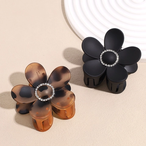 Molletta per Capelli a Forma di Fiore con Strass Stampa Leopardata Nero Opaco in Plastica Fermaglio per Capelli Donna
