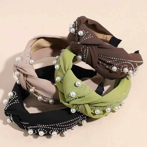 Cerchietto a Fascia Larga con Nodo Fatto a Mano Stile Coreano per Donna Elegante Cerchietto in Tessuto con Perle Artificiali e Strass