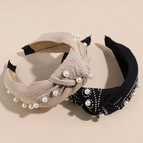 Cerchietto a Fascia Larga con Nodo Fatto a Mano Stile Coreano per Donna Elegante Cerchietto in Tessuto con Perle Artificiali e Strass