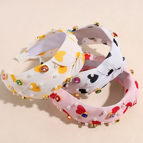 Valentine's Day Heart Print Knotted Wide Headband Colorful Rhinestone Artificial Pearl Hair Band For Women Fashion Accessories