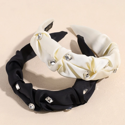 Elegante Cerchietto in Raso Plissettato Stile Coreano Per Donna Design Alto Con Strass Perle Artificiali Cerchiello Per Capelli Accessori Premium