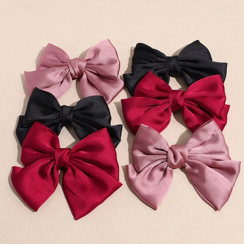 Large French Style Satin Bow Hair Clip Elegant Sweet Ribbon Duckbill Clip Decorative Solid Color Headwear For Women Girls