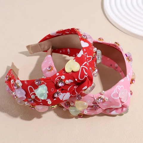 Valentijnsdag Hart Brede Haarband Polyester Kunstparel Strass Knoop Haarband Zoet Hart Patroon Haaraccessoires