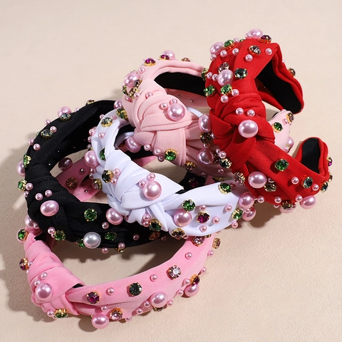 Women Knotted Fabric Headband With Rhinestone And Artificial Pearl Vintage Glamorous Hair Hoop For Valentine Day Party