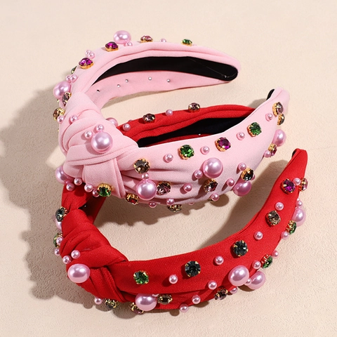 Women Knotted Fabric Headband With Rhinestone And Artificial Pearl Vintage Glamorous Hair Hoop For Valentine Day Party