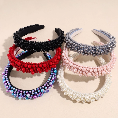 Cerchietto Barocco Largo in Spugna Con Perle Artificiali Fatto a Mano Tinta Unita Elegante Accessorio Capelli Donna