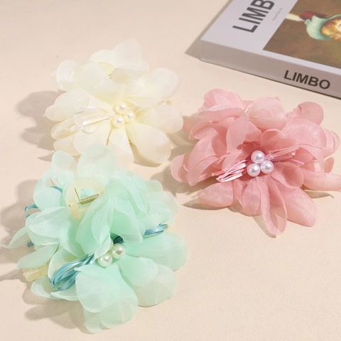Elegante Pinza per Capelli Grande a Fiore in Chiffon per Donna Stile Mori Fatto a Mano Con Perla Artificiale Clip Squalo