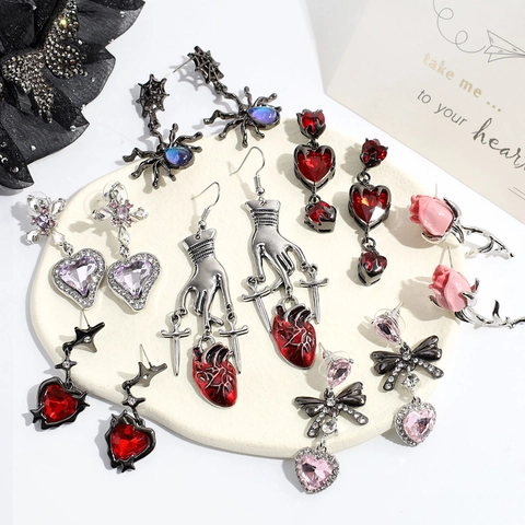 Gothic Dark Red Heart Spider Rose Earrings For Women Gunmetal Silver Alloy Rhinestone Bow Cross Sword Anatomical Heart Earrings