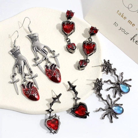 Gothic Dark Red Heart Spider Rose Earrings For Women Gunmetal Silver Alloy Rhinestone Bow Cross Sword Anatomical Heart Earrings