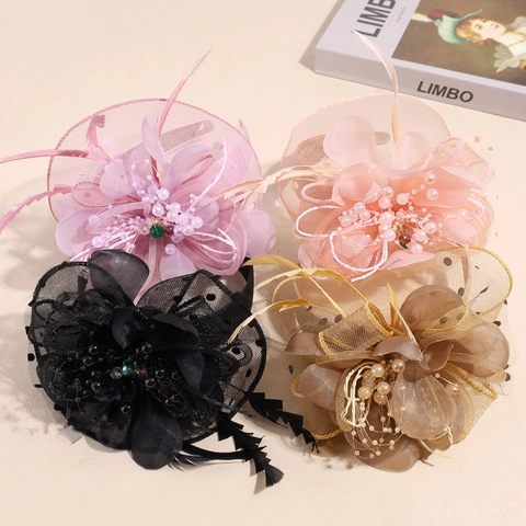Cappello Fascinator Vintage in Piuma e Rete Con Perla Artificiale per Donna Elegante Matrimonio Festa Sposa Cerchietto Accessorio Capelli