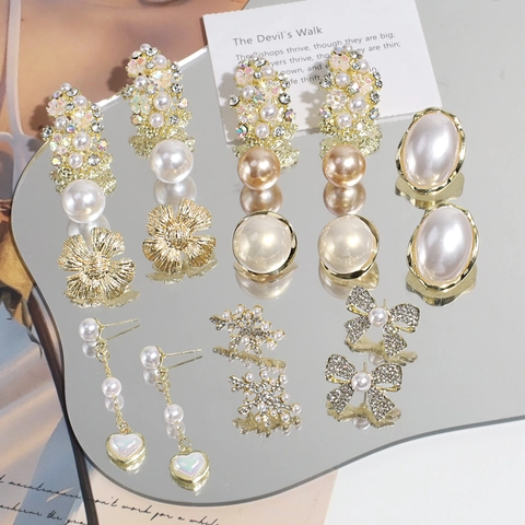 Pendientes Poste Plata de Ley 925 Aleación Perla Artificial Diamante de Imitación Mariposa Borla Pendientes Mujer