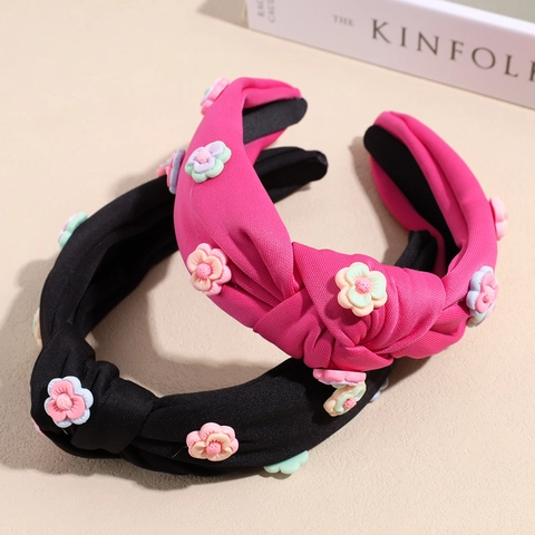 Korean Style Summer 3D Flower Knotted Headband For Women Sweet Floral Cloth Resin High Skull Top Hair Band Daily Accessory