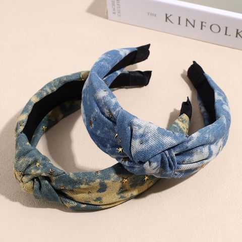 Vintage Denim Knoten Breitrand Haarband Für Damen Gold Stern Mond Nieten Batik Waschen Stoff Mode Haarschmuck