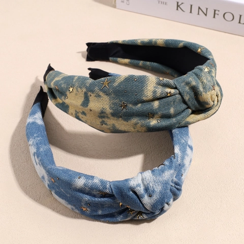 Vintage Denim Knoten Breitrand Haarband Für Damen Gold Stern Mond Nieten Batik Waschen Stoff Mode Haarschmuck