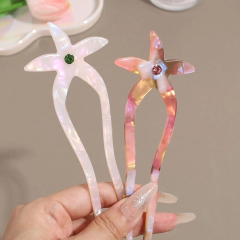 Forcina per capelli a stella marina in acetato a forma di U con strass Elegante fermaglio con trama marmorea per donne e cerimonie