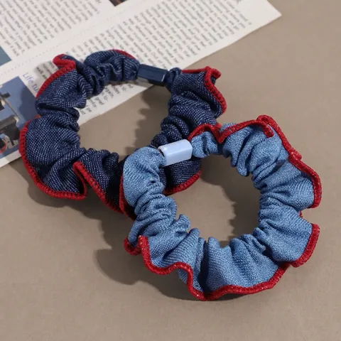 Scrunchies Vintage in Tessuto Denim Con Pieghe Rosse Cuciture a Contrasto Elastici per Capelli Dolce per Donna