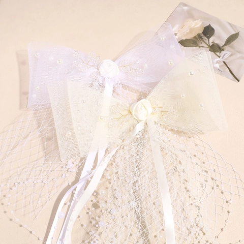 Fermaglio per Capelli da Sposa Fatto a Mano con Fiocco in Rete Rose Perle Artificiali Nastro Lungo Accessori per Capelli Matrimonio Donna