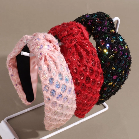 Dames Mode Kleurrijke Pailletten Geknoopte Brede Rand Hoofdband Fonkelende Maasrooster Haarband Elegant Gewatteerd Hoofddeksel Accessoire