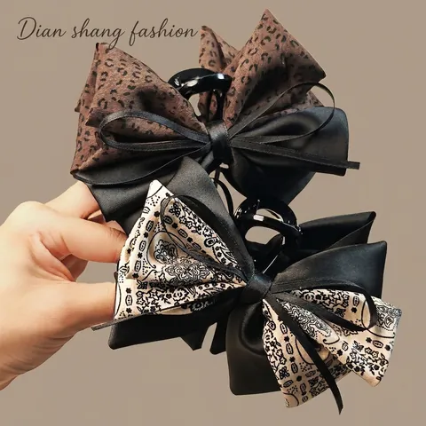 Pinza para el Cabello con Lazo Grande Estilo Coreano Vintage Tela de Satén Estampado Leopardo Paisley Clip de Tiburón para Mujer Accesorio de Cabello Elegante