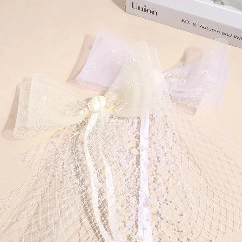 Fermaglio per Capelli da Sposa Fatto a Mano con Fiocco in Rete Rose Perle Artificiali Nastro Lungo Accessori per Capelli Matrimonio Donna