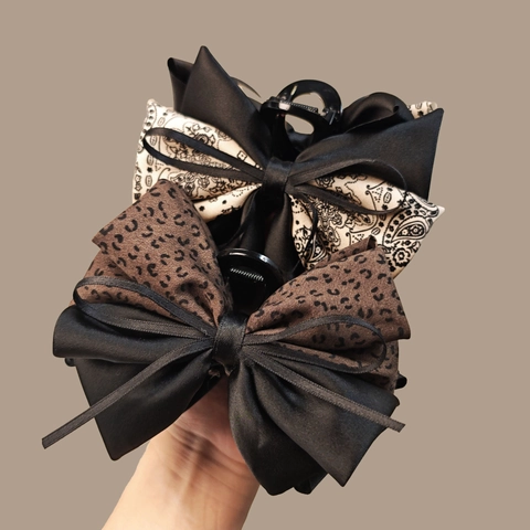 Pinza para el Cabello con Lazo Grande Estilo Coreano Vintage Tela de Satén Estampado Leopardo Paisley Clip de Tiburón para Mujer Accesorio de Cabello Elegante