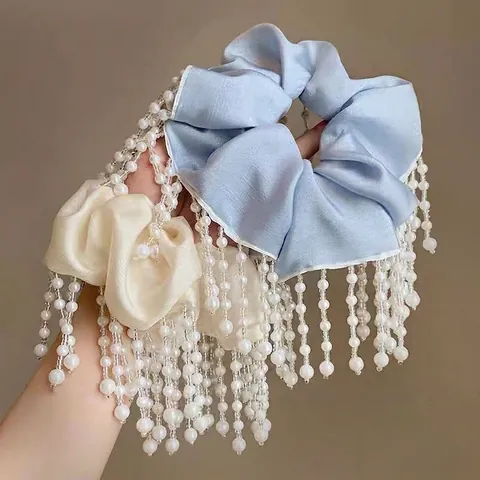 Französische Eleganz Haargummi Mit Künstliche Perle Quaste Damen Polyester Haarschmuck Handgefertigte Scrunchie