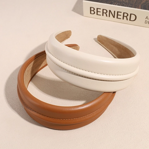 Diadema Acolchada de Cuero de PU Vintage para Mujer Estilo Maillard Parte Superior Craneal Alta Esponja Ancha Banda para Cabello