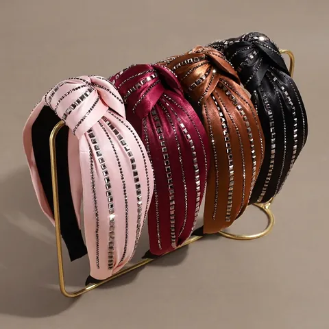 Fashion Wide Brim Satin Knot Headband For Women Sparkling Rhinestone Rows Hair Band Elegant Padded Headwrap Vintage Hair Accessories