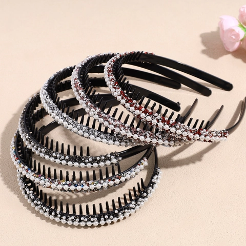 Rhinestone Artificial Pearl Non-Slip Tooth Headband Plastic Hair Band Sweet Hair Accessories For Washing Face Daily Styling
