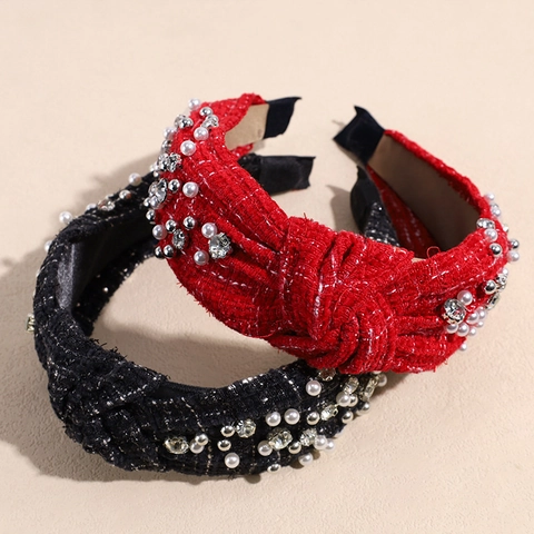 Cerchietto con Nodo in Tweed Vintage Con Perle Artificiali E Strass Fascia per Capelli Alta Larga per Donna Accessori