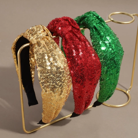 Kerst Pailletten Knoop Haarband Voor Dames Meisjes Mesh Breed Glinsterende Haarsieraden Feestelijke Party Accessoires Rood Groen Goud