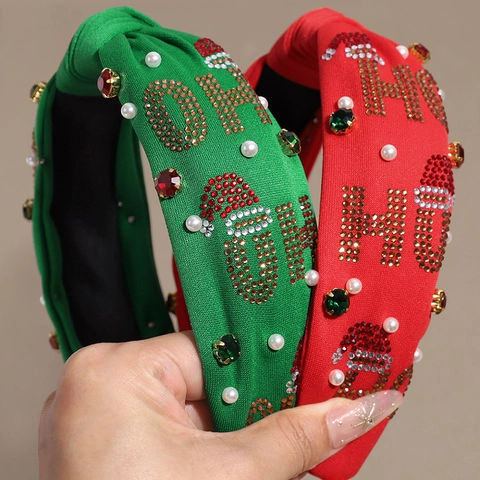 Cerchietto Largo Annodato di Natale Rosso Verde Stoffa Perla Artificiale Strass Lettera HO HO HO Fascia per Capelli per Donna Accessori Capelli Natalizi