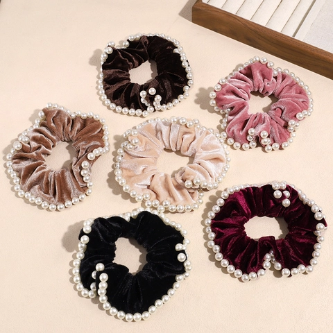 Vintage Velvet Scrunchie With Faux Artificial Pearl Trim Elegant Elastic Hair Band Solid Color Hair Tie For Women Hair Accessories