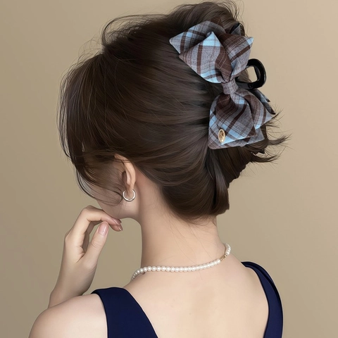 Korean Style Plaid Bow Hair Claw Clip For Women Vintage Academic Multi Layer Artificial Pearl Tassel Shark Clip Autumn Winter Hair Accessories